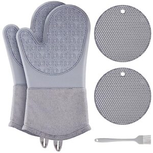 oven mitts and pot holders sets, silicone oven mitts heat resistant 550℉ kitchen oven mits/glove set, extra long kitchen mittens and hot pads pot holder with basting brush for baking cooking grilling