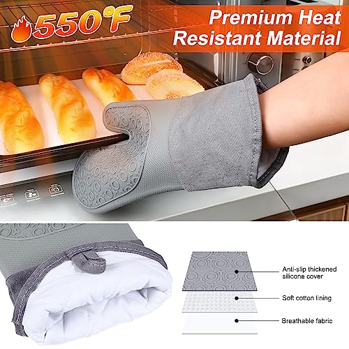 Oven Mitts and Pot Holders Sets, Silicone Oven Mitts Heat Resistant 550℉ Kitchen Oven Mits/Glove Set, Extra Long Kitchen Mittens and Hot Pads Pot Holder with Basting Brush for Baking Cooking Grilling