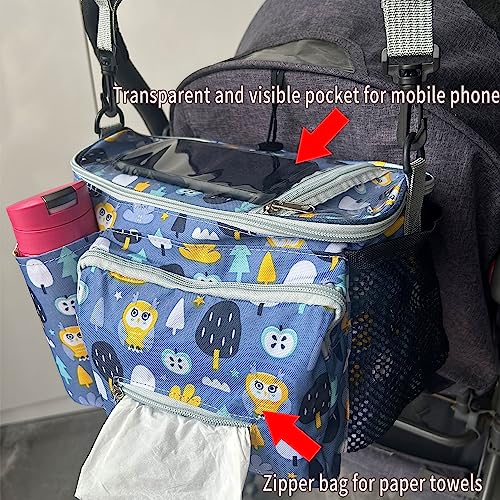 Adjustable baby stroller organizer bag with cup holders,Transparent visible phone Pocket and in front zipper pocket, Caddy Stroller bag, Stroller pouch Fits for Stroller,Baby Jogger,Pet Stroller (Owl)