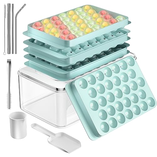 Ice Cube Tray, EMYIE Round Ice Trays for Freezer with Lid and Bin, Ice Ball Maker Making 99 x 1.0IN Ice Balls,3 pack Circle Ice Trays with Tong, Scoop, Measuring Cup&3 Straws (Green)