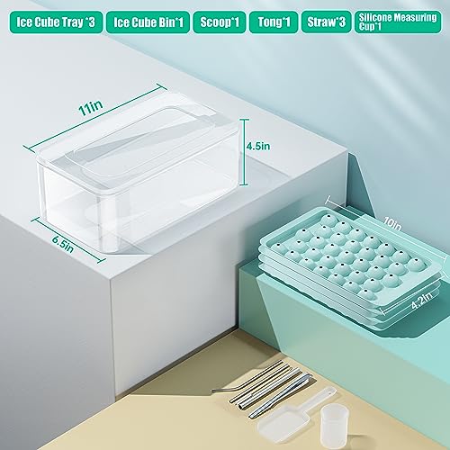 Ice Cube Tray, EMYIE Round Ice Trays for Freezer with Lid and Bin, Ice Ball Maker Making 99 x 1.0IN Ice Balls,3 pack Circle Ice Trays with Tong, Scoop, Measuring Cup&3 Straws (Green)