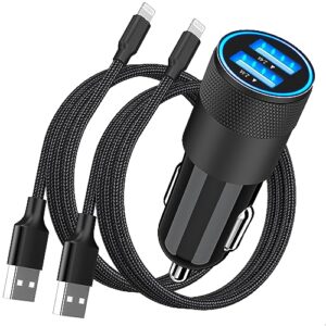 [apple mfi certified] iphone fast car charger, rombica 4.8a dual usb smart power car rapid charger + 2 pack lightning to usb braided cable quick car charge for iphone 14 13 12 11 pro/xs/xr/se/x 8/ipad