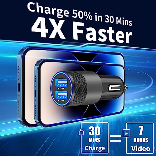 [Apple MFi Certified] iPhone Fast Car Charger, Rombica 4.8A Dual USB Smart Power Car Rapid Charger + 2 Pack Lightning to USB Braided Cable Quick Car Charge for iPhone 14 13 12 11 Pro/XS/XR/SE/X 8/iPad