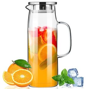 paracity glass pitcher with lid and spout 50oz/ 1.5l, hot/cold water pitcher, iced tea pitcher for the shelf of fridge, easy to clean, high borosilicate glass pitcher for lemonde, juice and milk