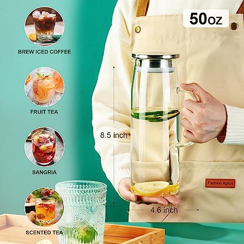 PARACITY Glass Pitcher with Lid and Spout 50oz/ 1.5L, Hot/Cold Water Pitcher, Iced Tea Pitcher for the Shelf of Fridge, Easy to Clean, High Borosilicate Glass Pitcher for Lemonde, Juice and Milk