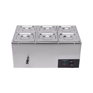 110v commercial food warmer, 6-pan stainless steel 19.2 qt capacity, 600w steam table 15cm/6inch deep,temp. control 86-185, electric soup warmer w/lids
