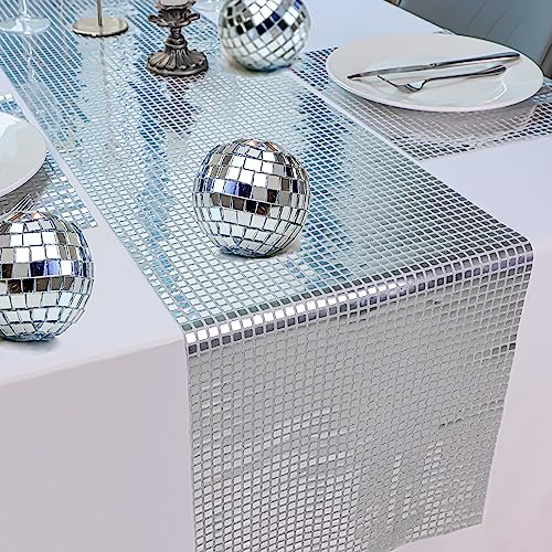 Snowkingdom 13 x 72 Inches Glitter Disco Party Table Runner Mirror Silver Table Runner Retro 70s 80s Theme Disco Ball Party Table Decorations Birthday Bachelorette Dance Party Supplies