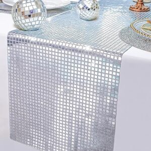 Snowkingdom 13 x 72 Inches Glitter Disco Party Table Runner Mirror Silver Table Runner Retro 70s 80s Theme Disco Ball Party Table Decorations Birthday Bachelorette Dance Party Supplies