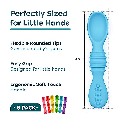 Best Silicone Baby Spoons Bright Color Baby Spoons for Infants Boys and Girls Dishwasher-Safe Silicone First Stage Feeding Spoons Silicone Training Spoon, 6 Soft Spoons Assorted Colors