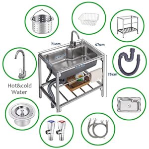 304 Stainless Steel Kitchen Sink Freestanding Utility Sink with Cold and Hot Water Pipe W27.95”x D18.5”x H29.5”