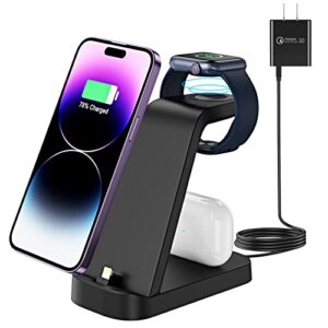 Apetiy Charging Station for Multiple Devices Apple, 3 in 1 Fast Charging Station Dock for iPhone 14/13/12/11 (Pro)/XS/XR/X/8/7/6/5, Apple Watch Series Ultra/8/7/6/SE/5/4/3/2 & AirPods with Adapter