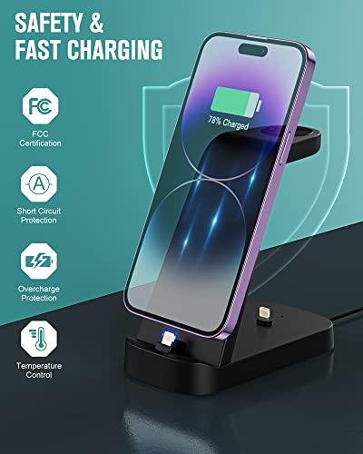 Apetiy Charging Station for Multiple Devices Apple, 3 in 1 Fast Charging Station Dock for iPhone 14/13/12/11 (Pro)/XS/XR/X/8/7/6/5, Apple Watch Series Ultra/8/7/6/SE/5/4/3/2 & AirPods with Adapter
