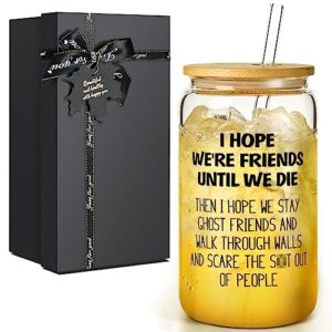 gifts for women men, 16oz drinking glass cup, unique friendship gift for best friend bff bestie, funny personalized birthday christmas valentines mothers day present for coworker sister female her him