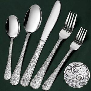 Meythway 40-Piece Vintage Carved Silverware Set for 8, Stainless Steel Flatware Set with Knife/Fork/Spoon, Cutlery Set for Home and Kitchen, Utensil Set with Dishwasher Safe