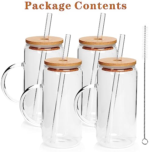 ANOTION Glass Cups 4 Packs, 16oz Coffee Cups with Lids and Glass Straws Coffee Mugs Clear Tumbler With Handle Glassware Drinking Glasses Set for Hot/Cold Coffee Latte Tea Chocolate Juice