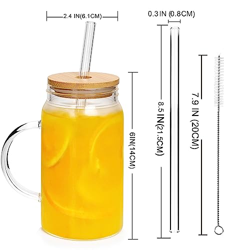 ANOTION Glass Cups 4 Packs, 16oz Coffee Cups with Lids and Glass Straws Coffee Mugs Clear Tumbler With Handle Glassware Drinking Glasses Set for Hot/Cold Coffee Latte Tea Chocolate Juice
