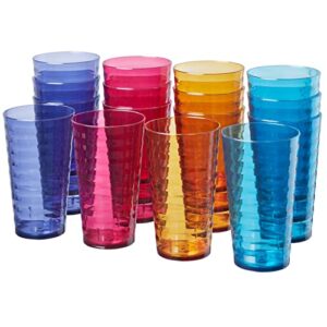 us acrylic splash 18 ounce plastic stackable water tumblers in 4 assorted colors | value set of 16 drinking cups | reusable, bpa-free, made in the usa, top-rack dishwasher safe