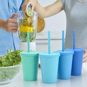Mfacoy 4 Pack Wheat Straw Cups with Lid and Straws, 10 oz Unbreakable Kids Cups, Reusable Drinking Cups, Small Water Cups, Colourful Tumbler Cups for Kitchen, BPA Free, Dishwasher & Microwave Safe