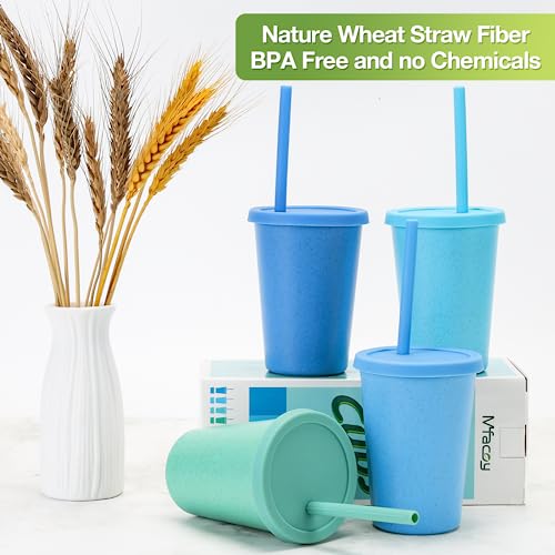 Mfacoy 4 Pack Wheat Straw Cups with Lid and Straws, 10 oz Unbreakable Kids Cups, Reusable Drinking Cups, Small Water Cups, Colourful Tumbler Cups for Kitchen, BPA Free, Dishwasher & Microwave Safe