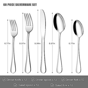60 Piece Silverware Set for 12, Stainless Steel Flatware Set Tableware Set Inculde Forks Knives Spoons, Mirror Polished Cutlery Set for Home Kitchen and Restaurant Party, Dishwasher Safe