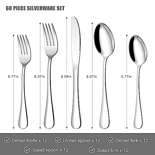 60 Piece Silverware Set for 12, Stainless Steel Flatware Set Tableware Set Inculde Forks Knives Spoons, Mirror Polished Cutlery Set for Home Kitchen and Restaurant Party, Dishwasher Safe