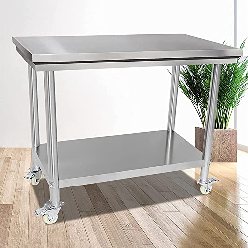 Commercial Kitchen Work Catering Table, Stainless Steel Work Table Commercial Workbench Heavy Duty Table with Caster Wheels Undershelf and Galvanized Legs for Restaurant (Size : 80x50x85cm)