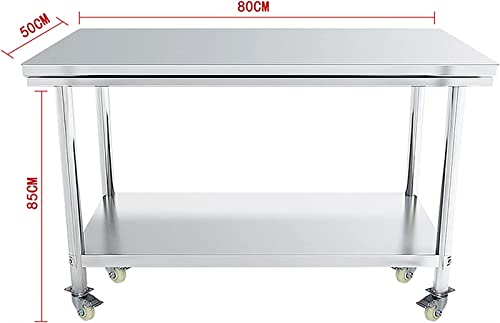 Commercial Kitchen Work Catering Table, Stainless Steel Work Table Commercial Workbench Heavy Duty Table with Caster Wheels Undershelf and Galvanized Legs for Restaurant (Size : 80x50x85cm)