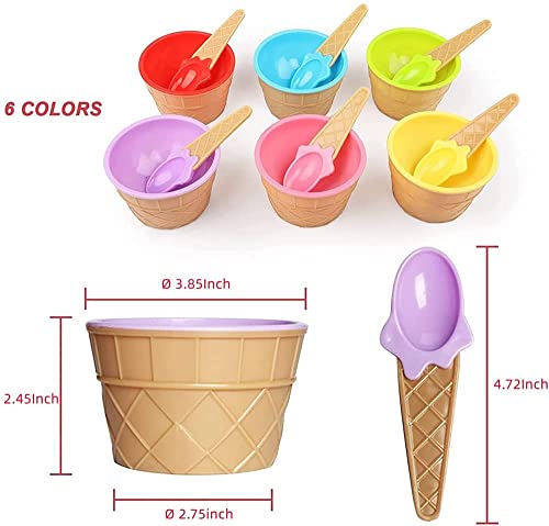 YUMOMUY Ice Cream bowls and Spoons,Cartoon Candy Colorice cream bowls for kids set, Reusable Plastic ice cream cups,ice cream birthday party decorations (6Pack)