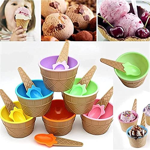 YUMOMUY Ice Cream bowls and Spoons,Cartoon Candy Colorice cream bowls for kids set, Reusable Plastic ice cream cups,ice cream birthday party decorations (6Pack)