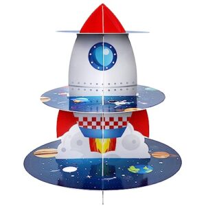 space cupcake holder, rocket theme birthday 3 tier cardboard cupcake stand, galaxy style dessert tower display for party supplies decoration
