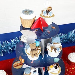 Space Cupcake Holder, Rocket Theme Birthday 3 Tier Cardboard Cupcake Stand, Galaxy Style Dessert Tower Display for Party Supplies Decoration