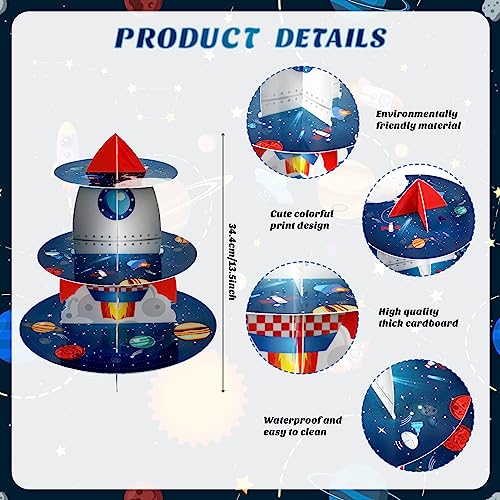 Space Cupcake Holder, Rocket Theme Birthday 3 Tier Cardboard Cupcake Stand, Galaxy Style Dessert Tower Display for Party Supplies Decoration