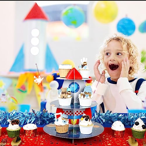 Space Cupcake Holder, Rocket Theme Birthday 3 Tier Cardboard Cupcake Stand, Galaxy Style Dessert Tower Display for Party Supplies Decoration