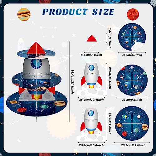 Space Cupcake Holder, Rocket Theme Birthday 3 Tier Cardboard Cupcake Stand, Galaxy Style Dessert Tower Display for Party Supplies Decoration