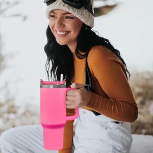 40oz Stainless Steel Tumbler with Handle Lid and Straw Insulated Coffee Mug Water Bottle Tumbler Keeps Hot and Cold Travel Cup (Azalea Red)