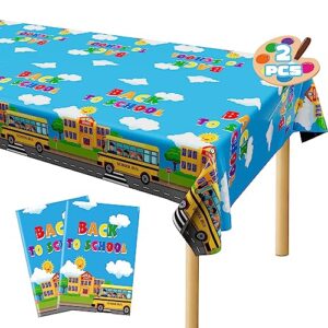 back to school supplies, 2 pcs 108 x 54 inches first day of school tablecloths, disposable colorful welcome back to school plastic rectangle school bus pattern table cover for school party decoration