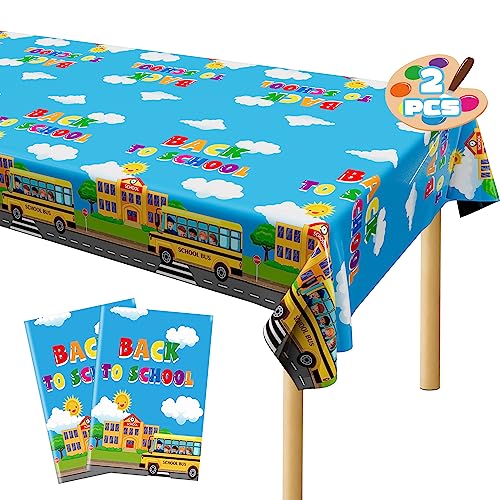 Back to School Supplies, 2 PCS 108 x 54 Inches First Day of School Tablecloths, Disposable Colorful Welcome Back to School Plastic Rectangle School Bus Pattern Table Cover for School Party Decoration