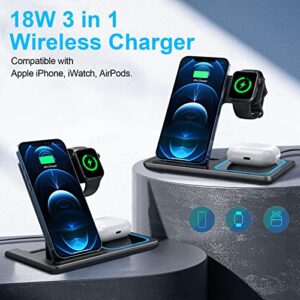 MAXFOX Wireless Charger 3 in 1, 18W Foldable Charging Station Compatible with iPhone 14 13 12 11/Plus/Pro/Pro Max/XR/XS/X/8+, iWatch Ultra 8 7 6 SE 5 4 3, Airpods with Adapter