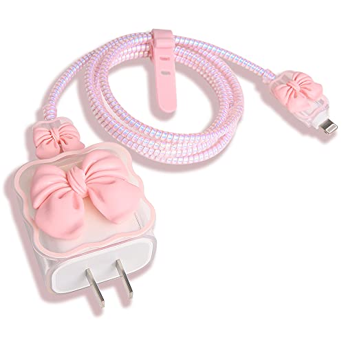 QLD COVER iPhone/iPad 18W/20W USB-C Charger Cover Cute 3D Bow Tie Design Clear Soft Charger Protector Kawaii Cable Saver for iPhone 11 12 13 14 Pro Max Fast Power Adapter, Bow Pink (5 in 1)