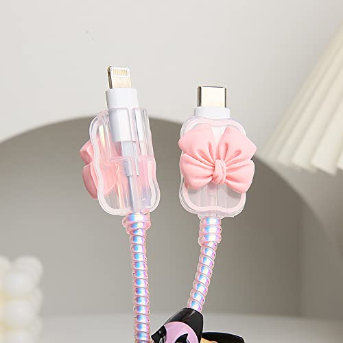QLD COVER iPhone/iPad 18W/20W USB-C Charger Cover Cute 3D Bow Tie Design Clear Soft Charger Protector Kawaii Cable Saver for iPhone 11 12 13 14 Pro Max Fast Power Adapter, Bow Pink (5 in 1)