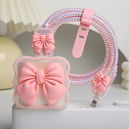 QLD COVER iPhone/iPad 18W/20W USB-C Charger Cover Cute 3D Bow Tie Design Clear Soft Charger Protector Kawaii Cable Saver for iPhone 11 12 13 14 Pro Max Fast Power Adapter, Bow Pink (5 in 1)