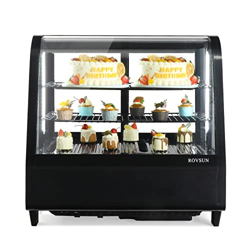 ROVSUN 3.5 Cu.Ft Commercial Countertop Refrigerator, Display Refrigerator Pastry Display Case w/LED Lighting Auto Defrosting Air-cooling Rear Sliding Door for Cafe Restaurant, ETL Certified (Black)