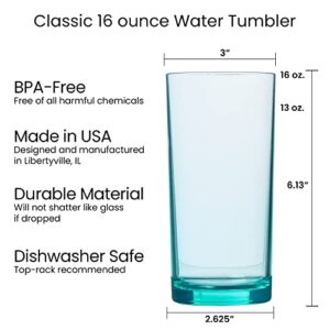 US Acrylic Classic Plastic Reusable Drinking Glasses (Set of 6) 16oz Water Cups Assorted Colors | BPA-Free Tumblers, Made in USA | Top-Rack Dishwasher Safe