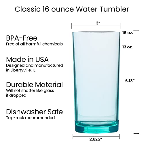 US Acrylic Classic Plastic Reusable Drinking Glasses (Set of 6) 16oz Water Cups Assorted Colors | BPA-Free Tumblers, Made in USA | Top-Rack Dishwasher Safe