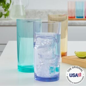 US Acrylic Classic Plastic Reusable Drinking Glasses (Set of 6) 16oz Water Cups Assorted Colors | BPA-Free Tumblers, Made in USA | Top-Rack Dishwasher Safe