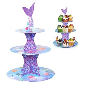 mermaid cupcake stand, little mermaid party decorations 2023, mermaid birthday decorations, mermaid theme party favors supplies, 3 tier cupcake tower holder for mermaid baby shower decor girls