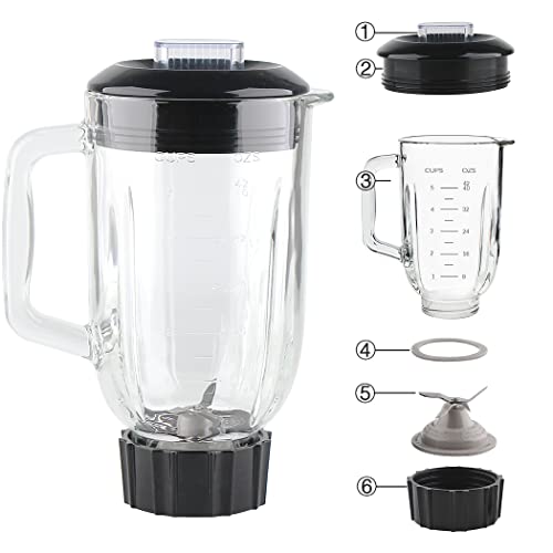 Veterger Replacement Parts 5-Cups Glass Jar with blade and cap,Compatible with BLACK&DECKER 10-Speed Blender BL2010BPA/BL2010BP/ BL2020S/ BL-2020/ BL2010BG