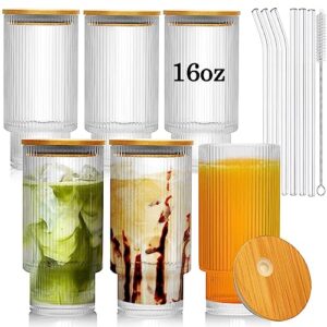 lmhejing 6 pcs 16oz ribbed glassware with lid and straw, ribbed glass cups, stackable glasses, vintage water glasses for juice, beer, coffee, tea and cocktail (clear (6pcs 16oz)) (ab-1)