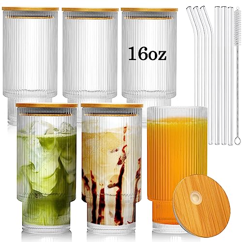 LMHEJING 6 Pcs 16oz Ribbed Glassware with Lid and Straw, Ribbed Glass Cups, Stackable Glasses, Vintage Water Glasses for Juice, Beer, Coffee, Tea and Cocktail (Clear (6Pcs 16oz)) (AB-1)