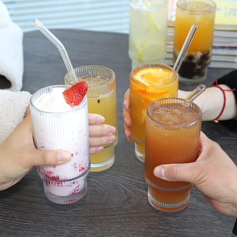 LMHEJING 6 Pcs 16oz Ribbed Glassware with Lid and Straw, Ribbed Glass Cups, Stackable Glasses, Vintage Water Glasses for Juice, Beer, Coffee, Tea and Cocktail (Clear (6Pcs 16oz)) (AB-1)